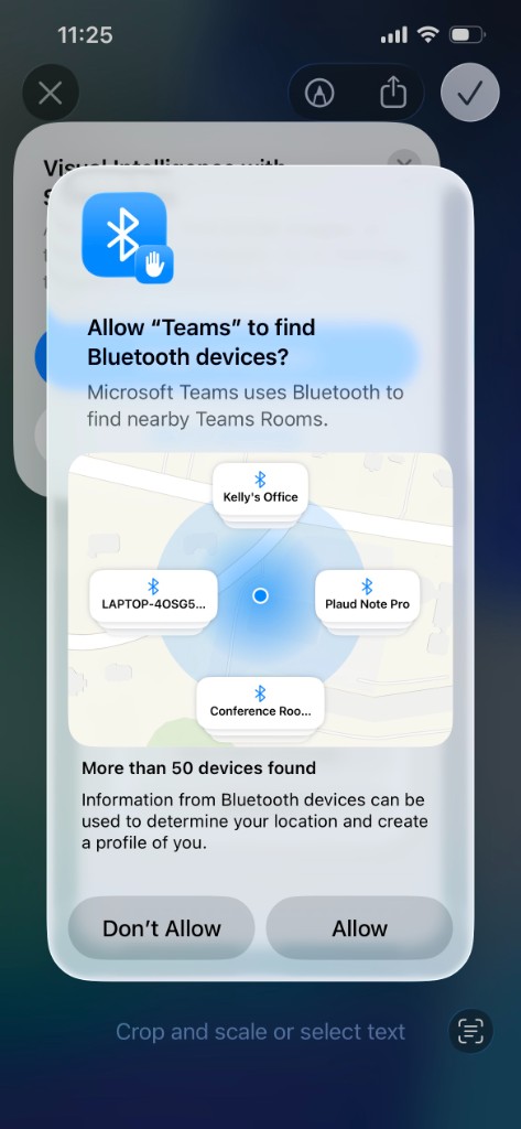 Teams asking to find Bluetooth devices, with Don't Allow and Allow
