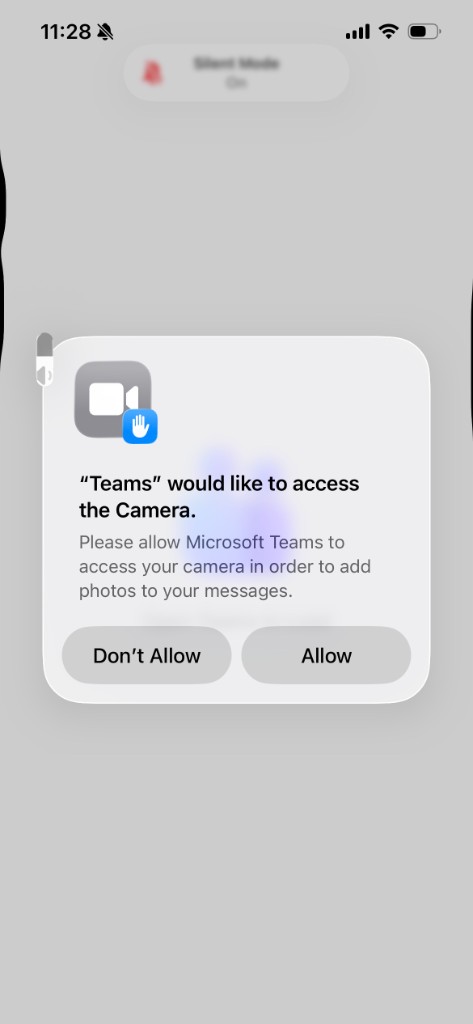 Teams asking to access the camera, with Don't Allow and Allow