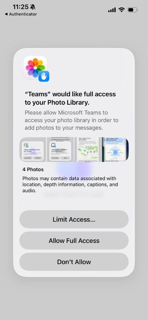 Teams asking for photo library access, with Limit Access, Allow Full Access, and Don't Allow