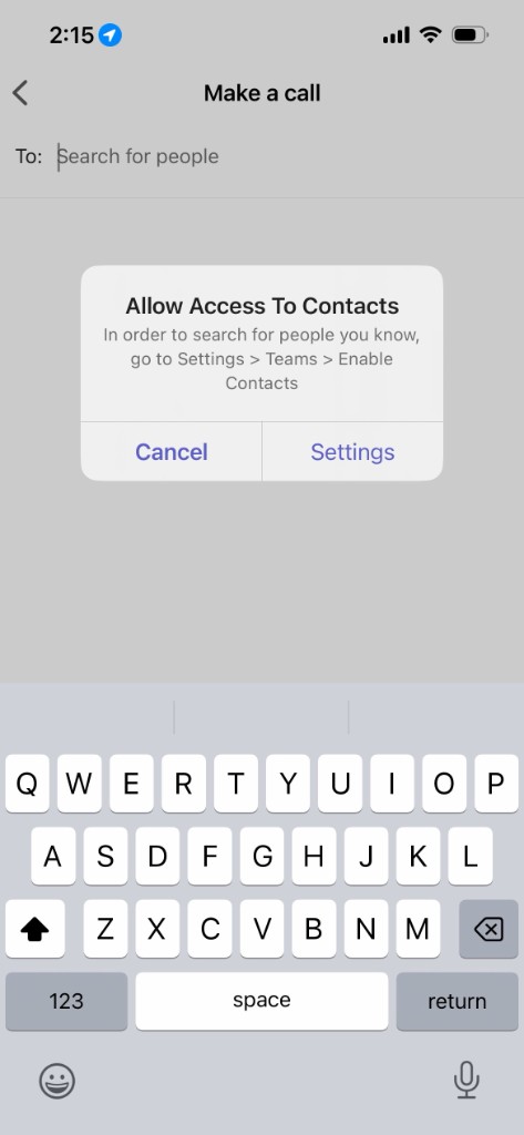 Message asking to allow access to contacts, with Cancel and Settings