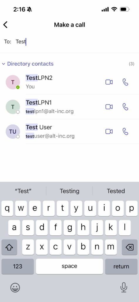 Make a call screen with a name typed in To and directory contacts listed