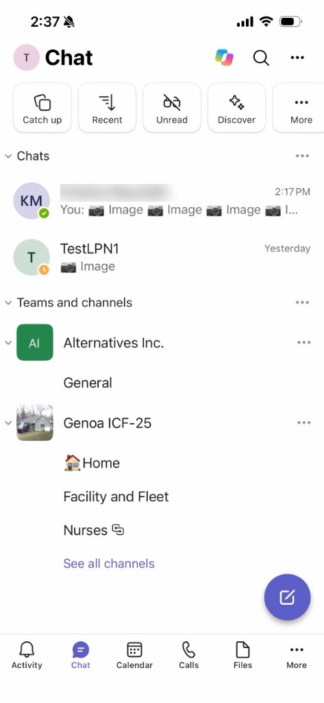 Chat screen with a team and its channels listed
