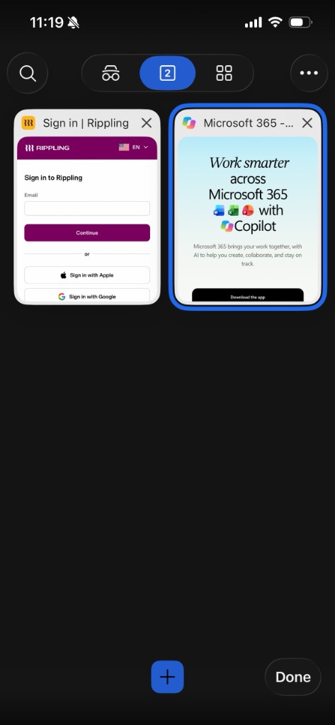 Two open tabs in Edge, with a plus button at the bottom