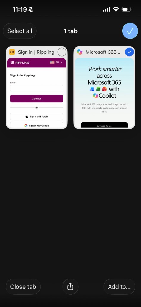 One tab selected, with Close tab at the bottom