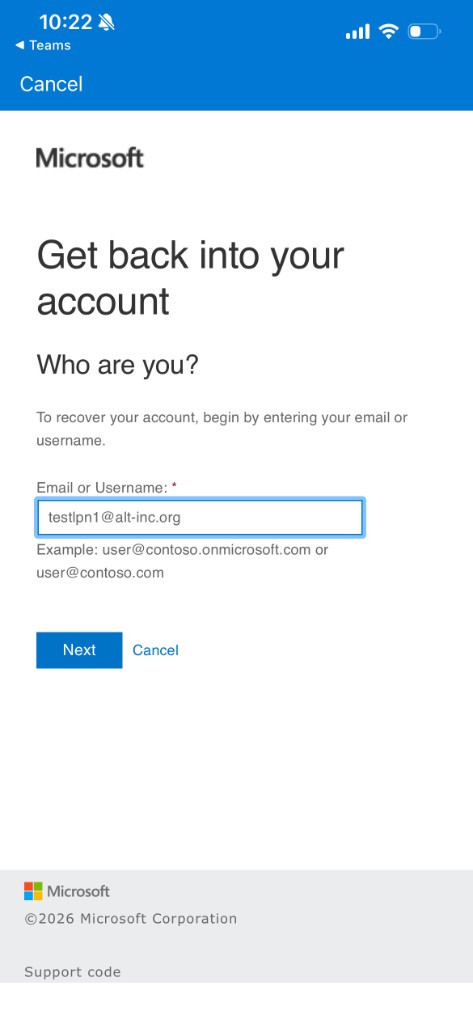 Account recovery screen with the work username filled in