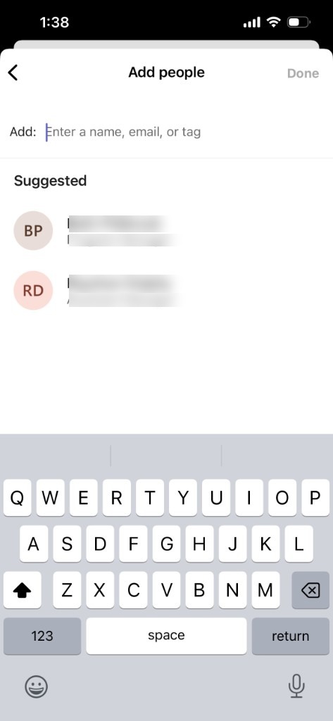 Add people screen with suggested people and Done in the top right