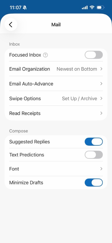 Mail settings with Focused Inbox turned off