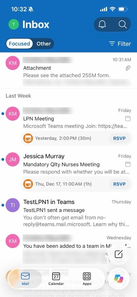 Outlook inbox with Focused and Other