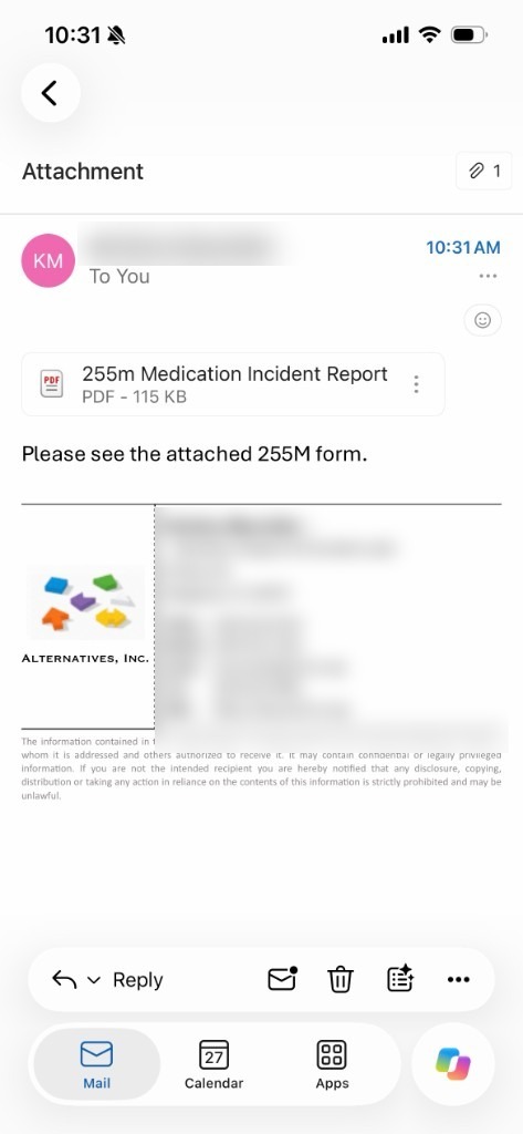 An open message with a file attached