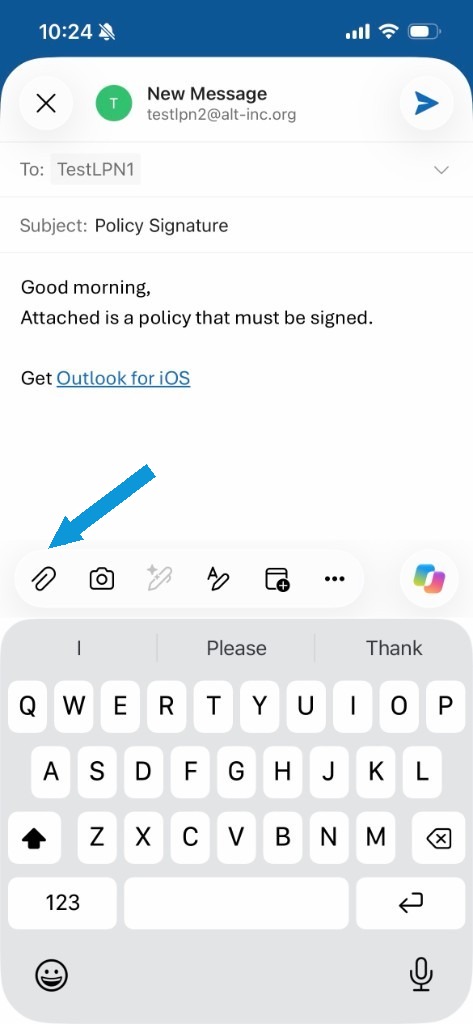 New message with an arrow pointing to the paperclip