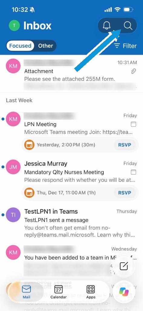 Inbox with an arrow pointing to the search icon