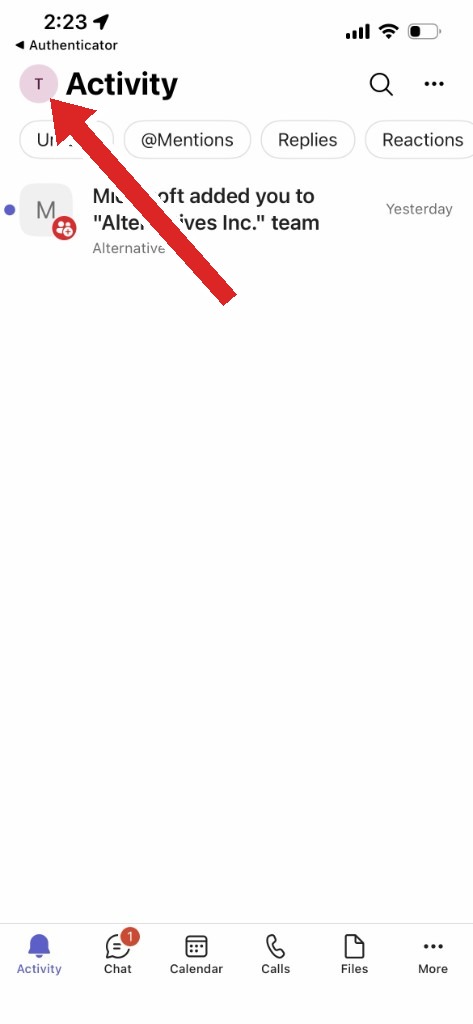 Teams Activity screen with an arrow pointing at the profile picture in the top left
