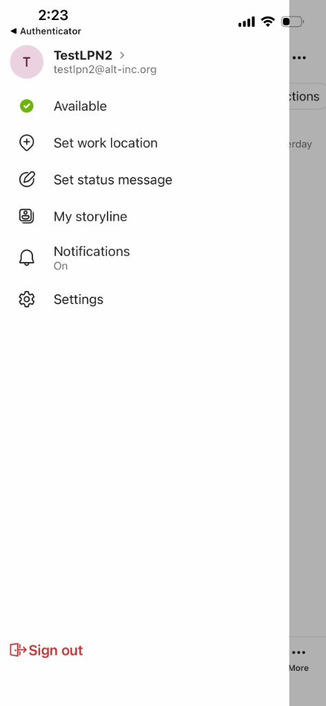 Teams profile menu with a red Sign out button at the bottom left